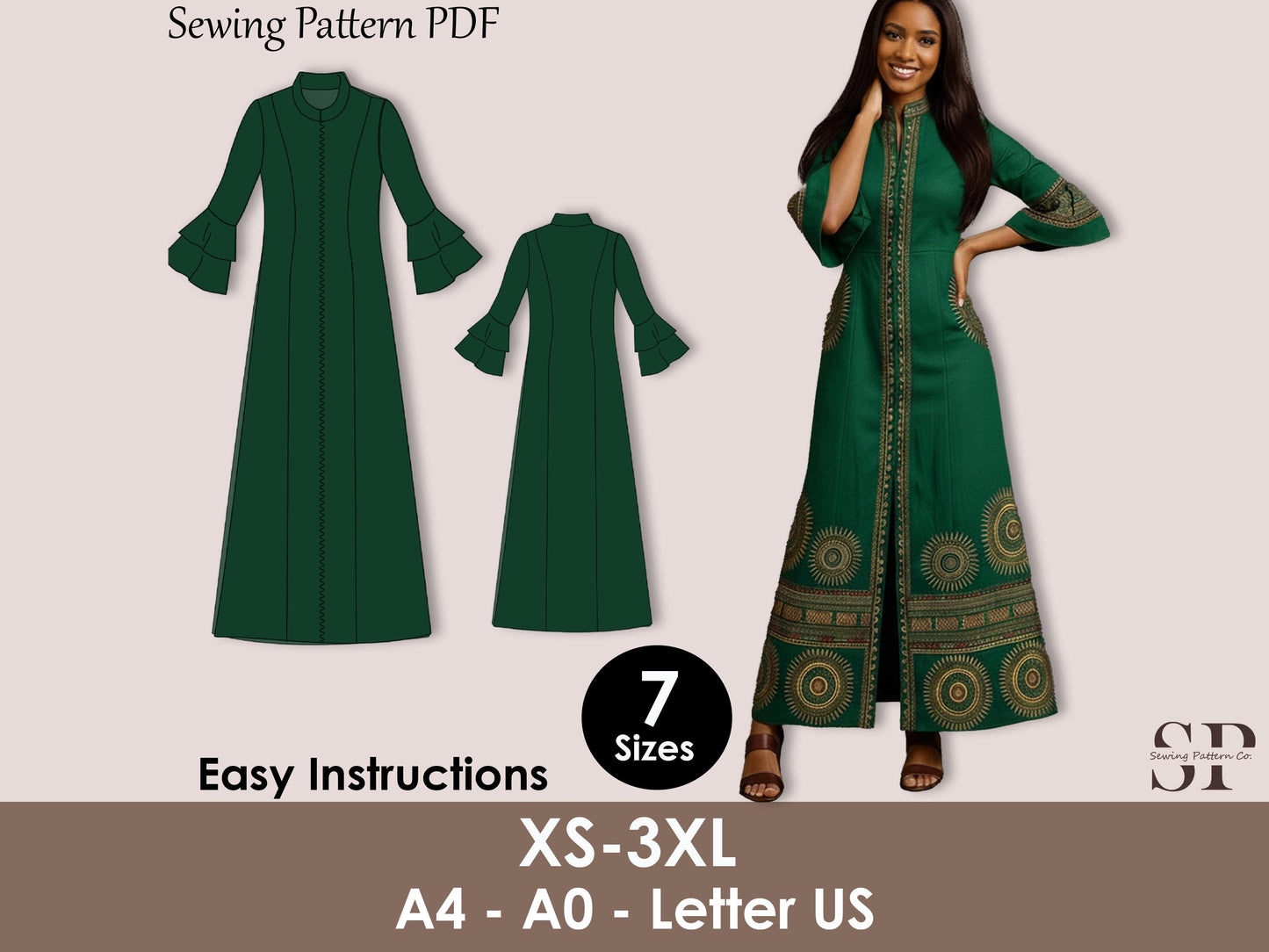 African Maxi Dress Sewing Pattern PDF | Dashiki Style Long Dress | Flared Sleeve & Front Zipper