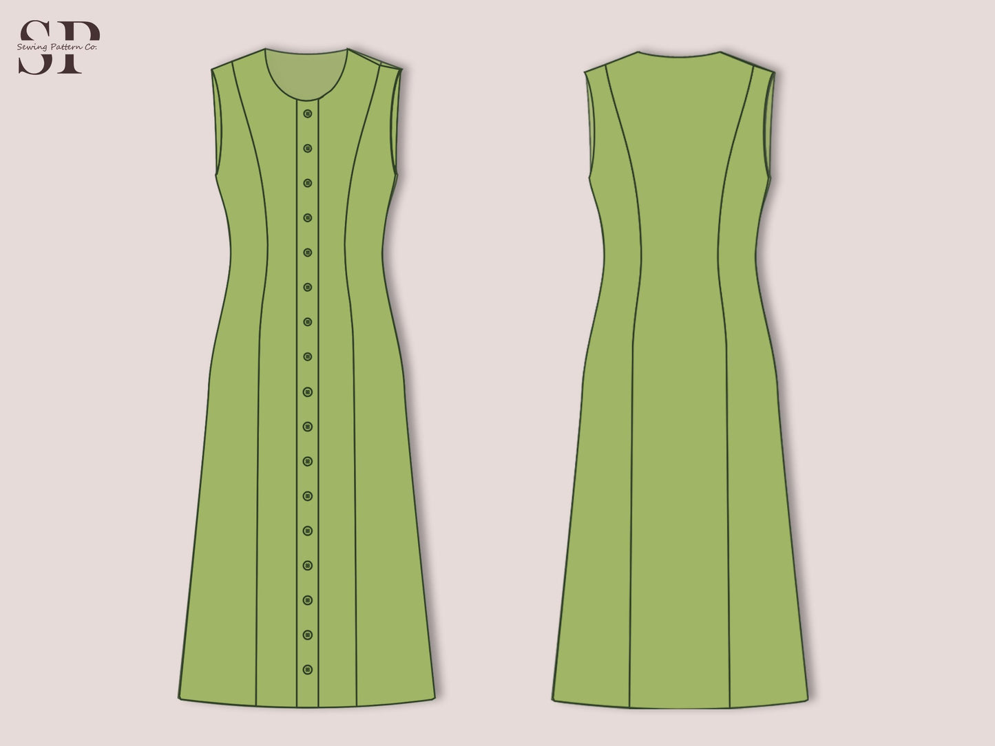 Linen Button Front Dress Sewing Pattern PDF, Sleeveless A-Line Long Dress Pattern, Summer Dress DIY Sewing XS-3XL