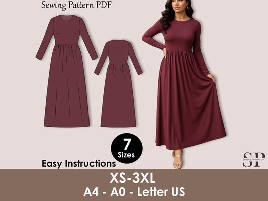 Long Sleeve Maxi Dress Sewing Pattern PDF | Modest Formal Gown XS-3XL | Gathered Waist Skirt