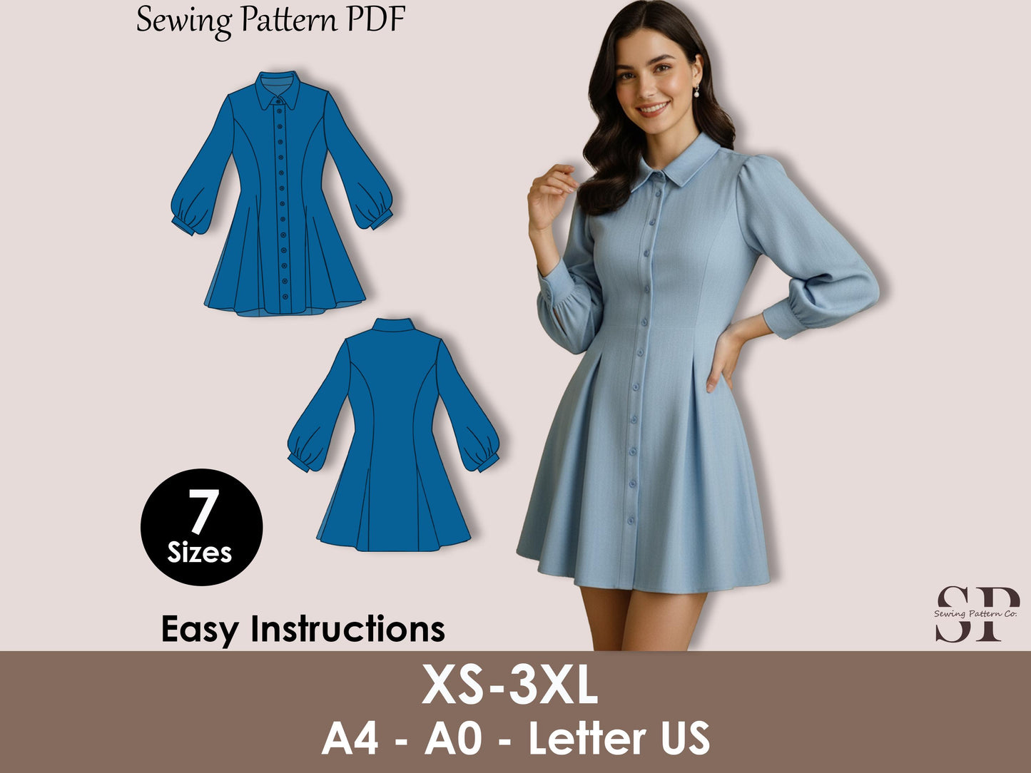 Bishop Sleeve Shirt Dress PDF Sewing Pattern | Button Front Fit & Flare Dress | Vintage Inspired puffy sleeves