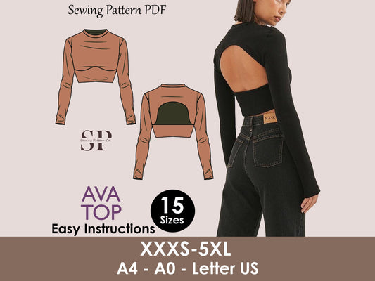 AVA Top - Turtleneck & Mock Neck Top | Back cut out crop top sewing pattern | Women TOP dress pattern|  | High neck  girl sewing pattern pdf