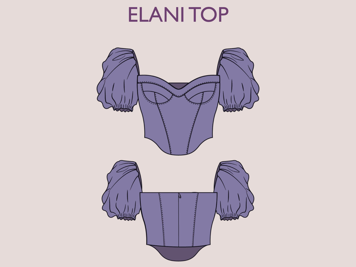 ELANI Top - puff sleeve corset | square Back sewing pattern | Women TOP dress pattern|  | bustier Puffed sleeves girl sewing pattern pdf