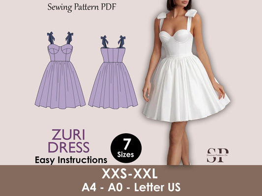 ZURI Dress- Bustier dress | Sleeveless | Women summer dress sewing pattern | corset dress Mini skirt dress  | PDF. wedding, party dress