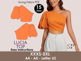 LUCIA Top - One shoulder puffy sleeve top  | Top sewing pattern | Asymetrical summer top , short top, women Top digital sewing Pattern PDF