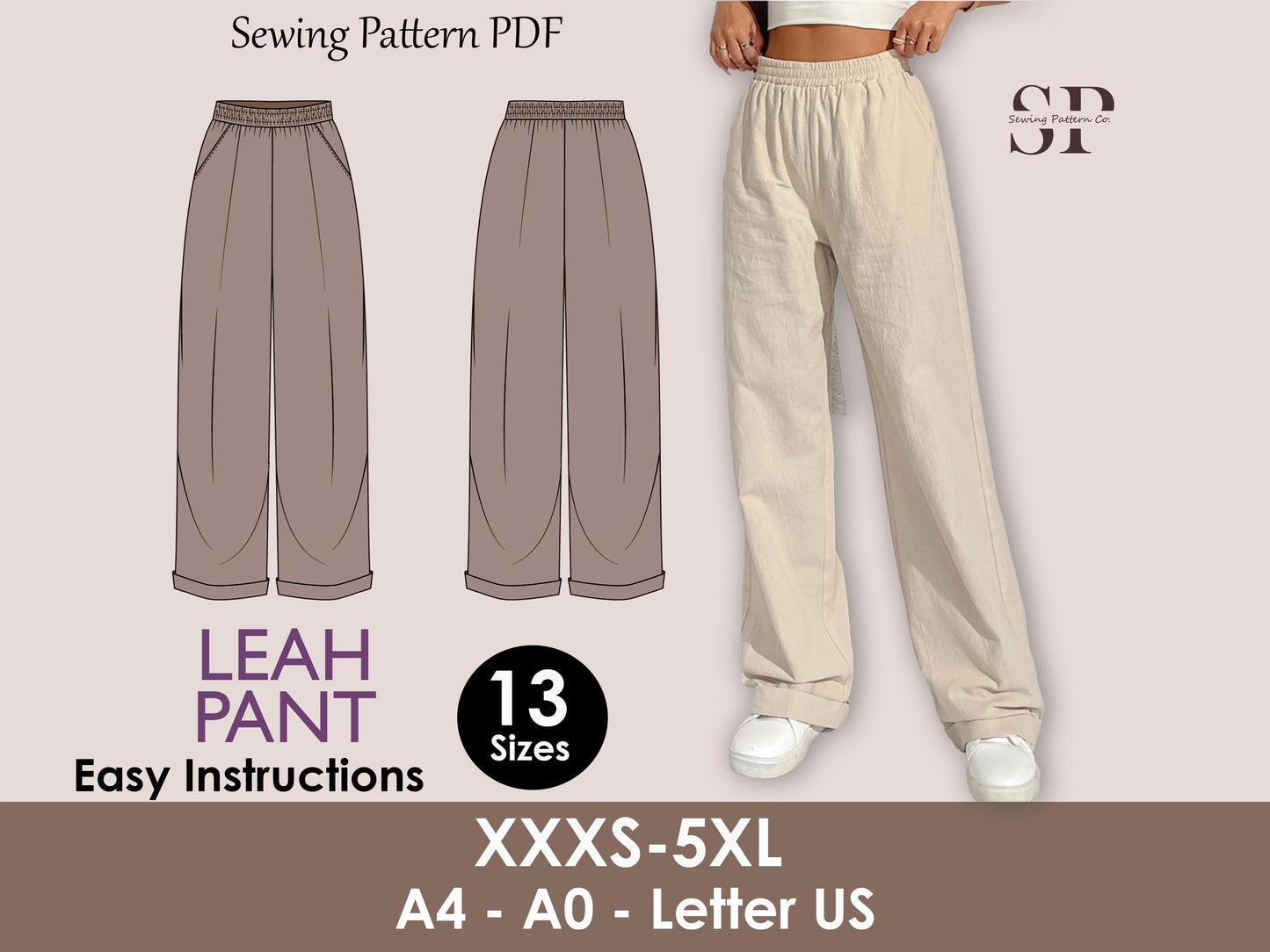 LEAH Pant PDF Sewing Pattern | Palazzo Pants | Elastic Waist | Wide Leg Pants | Digital Pattern | 13 Sizes XXXS–5XL| women sewing pattern