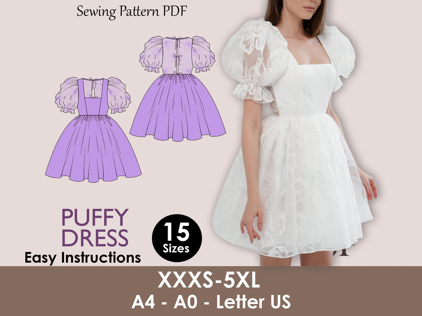 PUFFY Dress - Puffy Sleeve sewing pattern|  Bridal dress| Women dress pattern| Short dress| one piece dress | Wedding dress pattern| Top