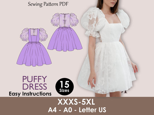PUFFY Dress - Puffy Sleeve sewing pattern|  Bridal dress| Women dress pattern| Short dress| one piece dress | Wedding dress pattern| Top