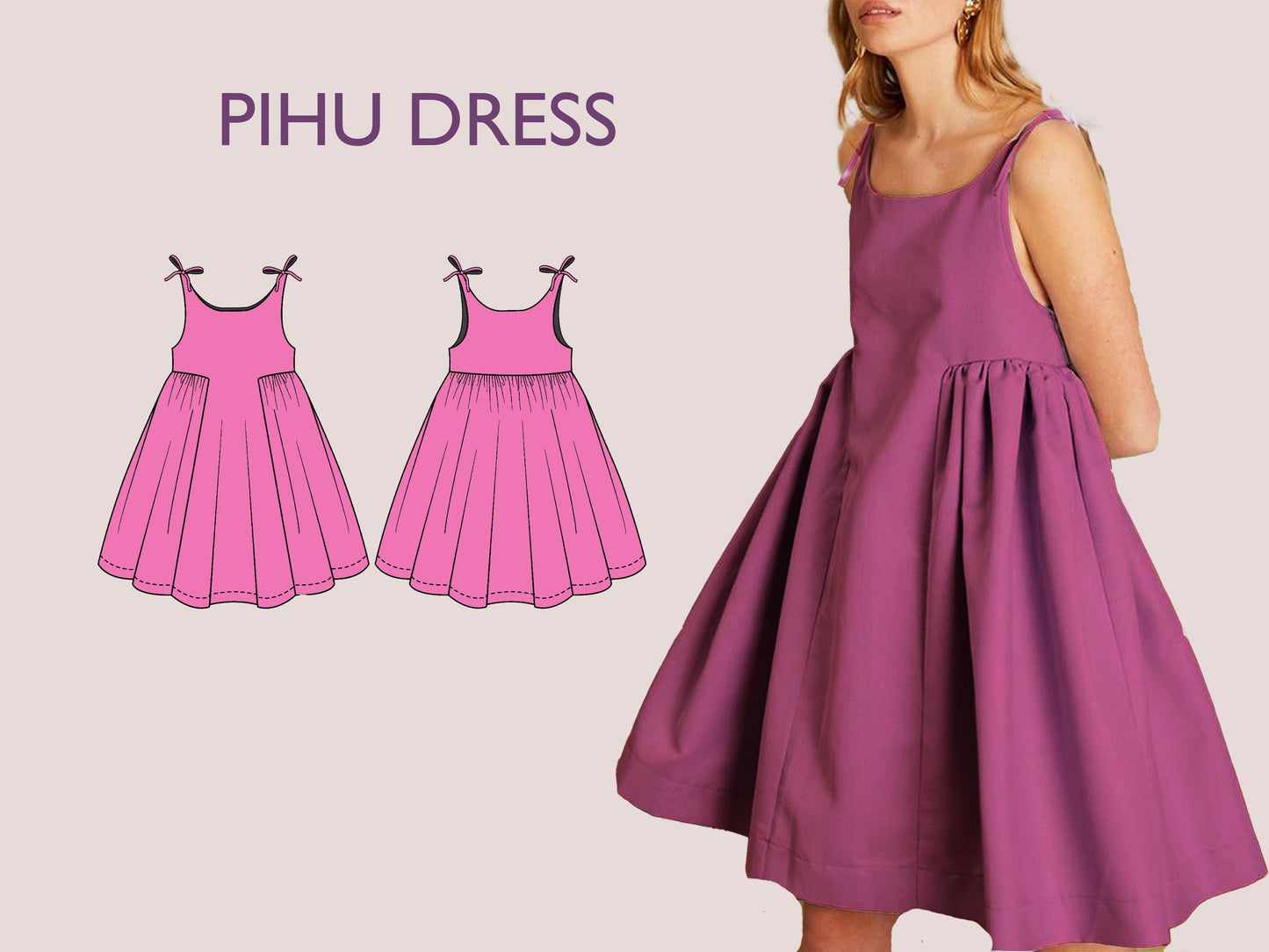 PIHU Dress - flairy bow strap dress | Puffy dress | Women strap dress | one piece | Round neck| Sleeveless | sewing pattern pdf Digital