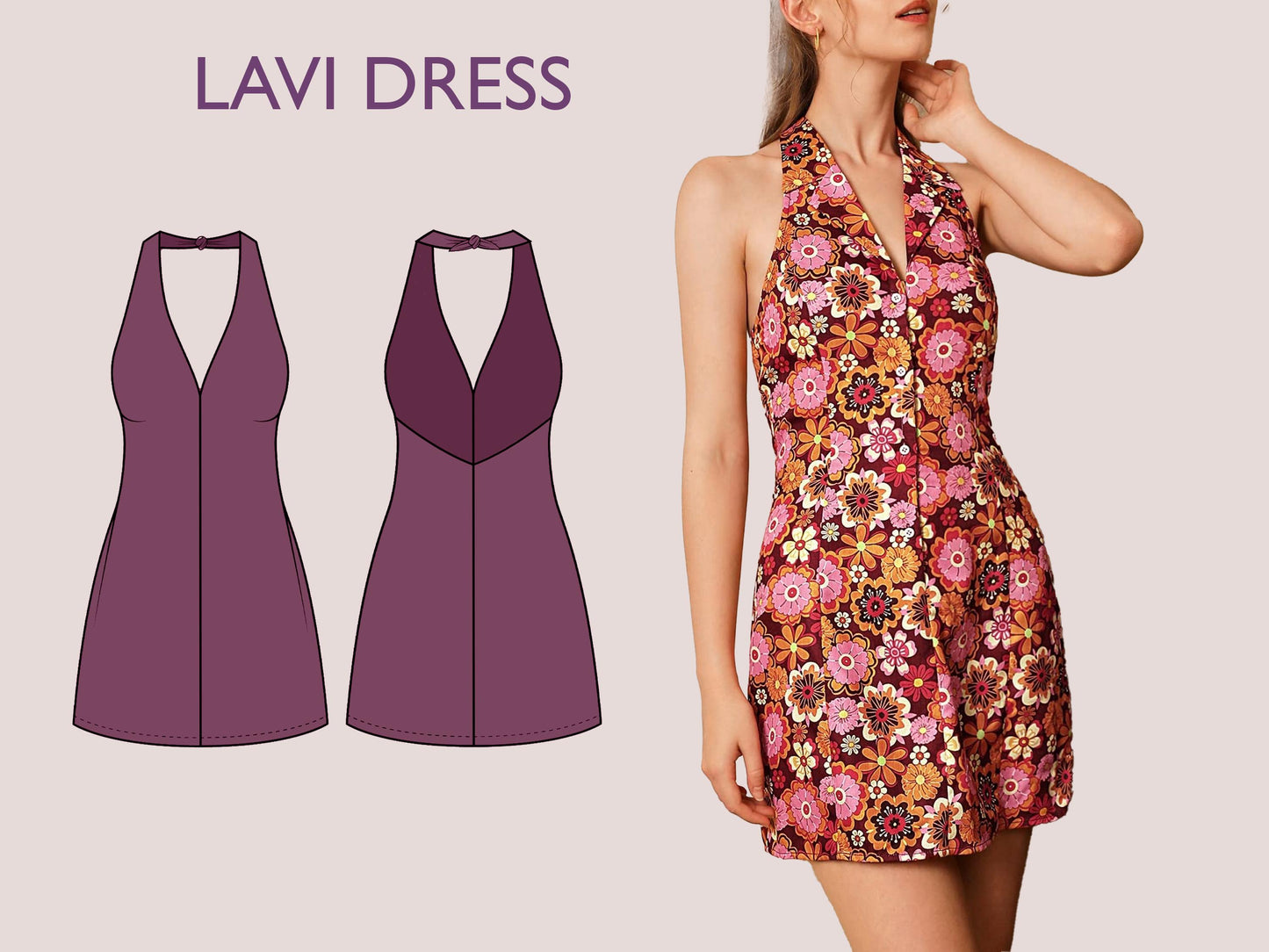 LAVI Dress Sewing Pattern PDF – Halter Neck Mini Dress – Tie Back Sundress – Open Back Dress – Sleeveless Summer Dress – Digital Download