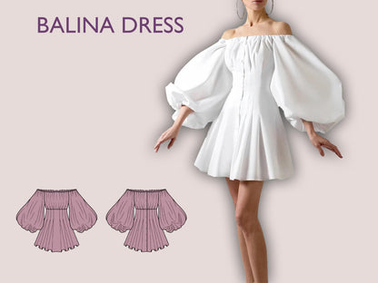 Off shoulder puff sleeve dress sewing pattern | puffy sleeve dress pattern | 13 sizes | women dress sewing pattern | Party, Wedding, Prom