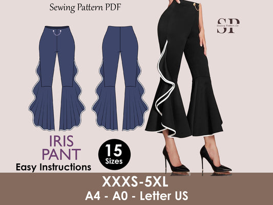 IRIS Pant Sewing Pattern PDF | High Waist Wide-Leg Trousers | 15 Sizes | Digital Download | stylish, party wear, women Sewing Pattern