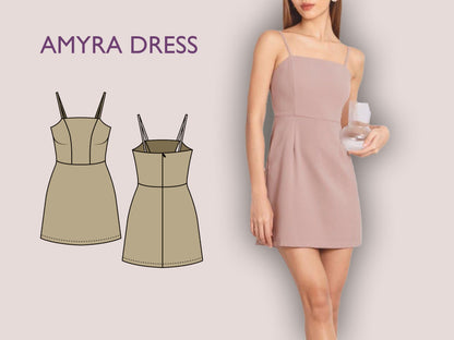 AMYRA dress- classy dress | straight neckline | Strap dress | Women summer mini dress pattern| sewing pattern bustier patron de couture