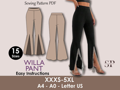 WILLA Pant - front slit pant | Classy fit | Pants Sewing | Women’s Comfy Pant | Wide leg pant | 15 Sizes| Wide bottom legs, party, birthday