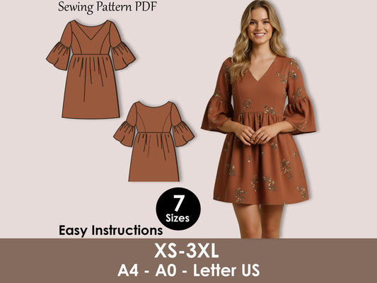 Linen Baby doll Dress Sewing Pattern, V-Neck Flared Sleeve XS-3XL, Cottage core Boho Summer