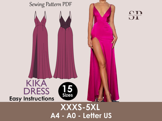 KIKA Dress - prom dress | Bustier open back maxi | Women dress | one piece gown | V neckline Slit dress| Sleeveless | sewing pattern pdf