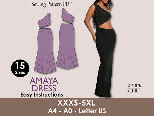 AMAYA Dress- one shoulder dress | Sleeveless | Women summer dress sewing pattern | asymmetrical, Cut out maxi | silky dress Digital PDF
