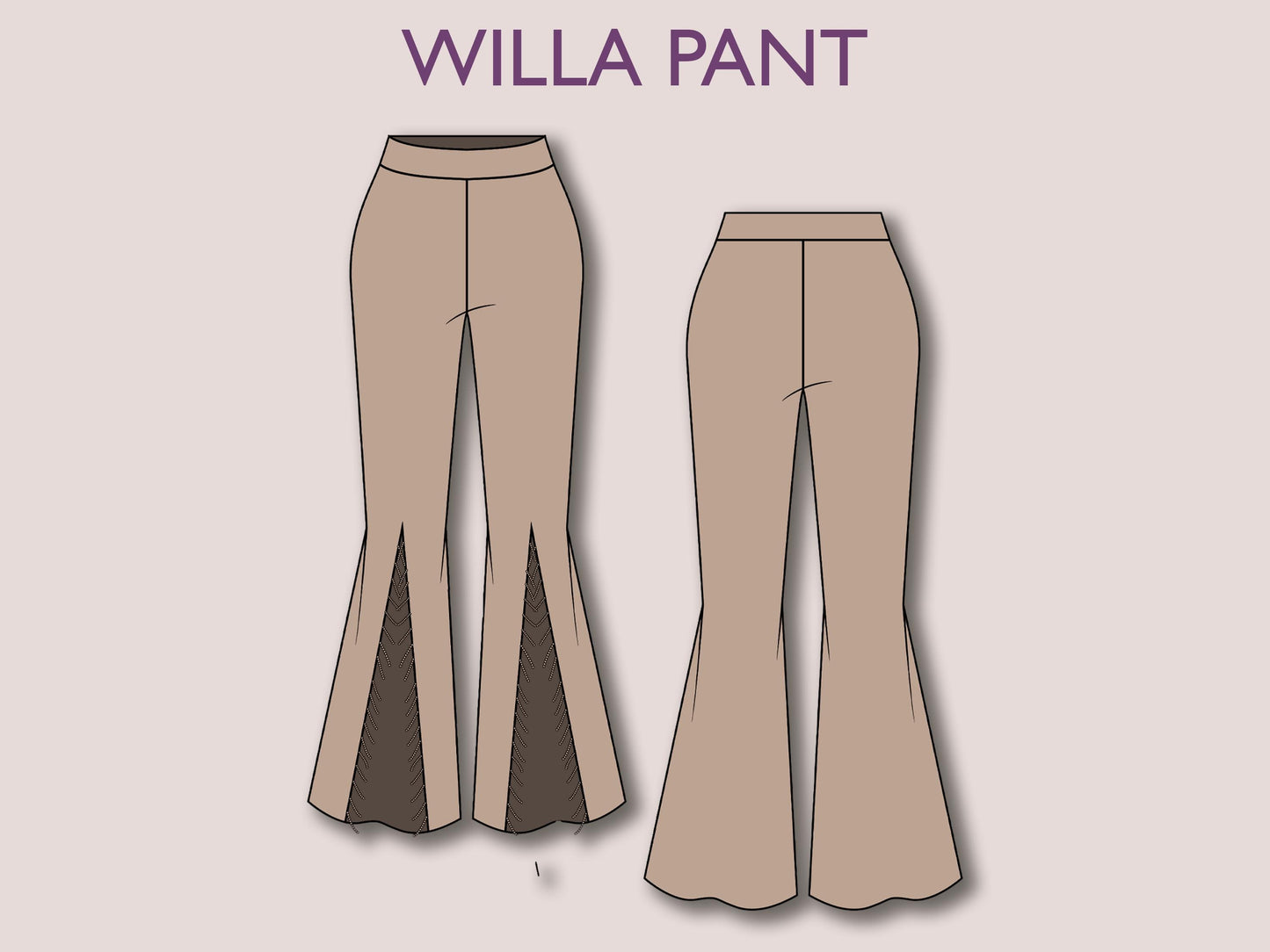 Flared Leg Pant Sewing Pattern: Front Slit Design, 15 Sizes (PDF Download