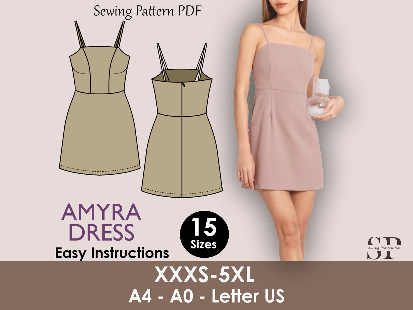 AMYRA Mini Dress Sewing Pattern: Straight Neckline, Fitted Bodice (PDF Download)