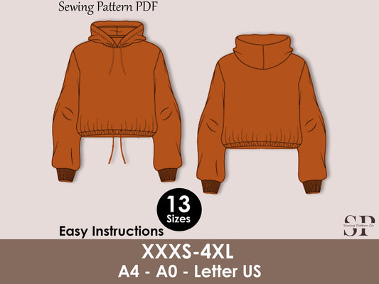 Crop Top Hoodie Sewing Pattern PDF | Women’s Cropped Sweatshirt Pattern | Easy Hoodie Pattern