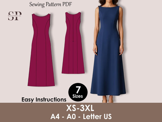 A-Line Dress Sewing Pattern PDF, Long Vintage Style XS–3XL, Formal Summer, Beginner Friendly PDF
