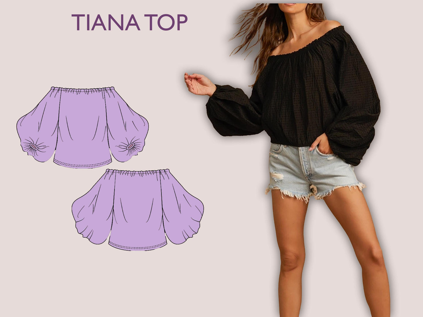 TIANA Top - Off shoulder puffy sleeve top  | Top sewing pattern | oversize summer top , Puffed top, women Top digital sewing Pattern PDF