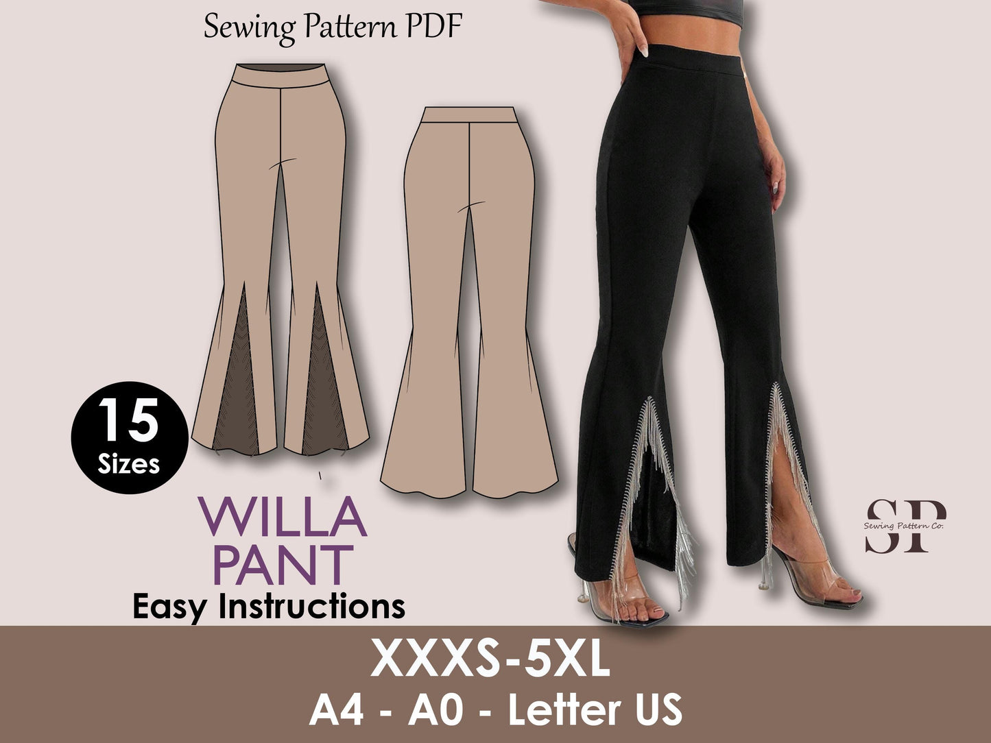Flared Leg Pant Sewing Pattern: Front Slit Design, 15 Sizes (PDF Download