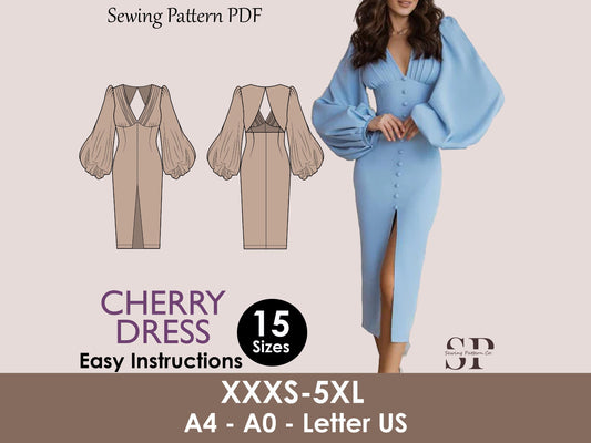 CHERRY Dress - puffy sleeve dress| Long Sleeve | Women dress pattern| Stylish| one piece | Fancy| V neck dress