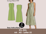 Linen Button Front Dress Sewing Pattern PDF, Sleeveless A-Line Long Dress Pattern, Summer Dress DIY Sewing XS-3XL