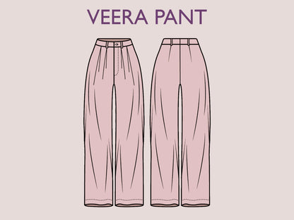VEERA Pant Sewing Pattern | Wide classic | pleat pant | straight | casual| Elastic waist| Women sewing pattern| Digital Pants Trousers PDF