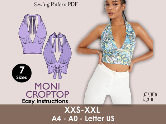MONI Crop Top - Bustier Crop top | Halter top pattern | Sleeveless, Cutout, Bow tie straps | women Top digital sewing Pattern PDF crop top