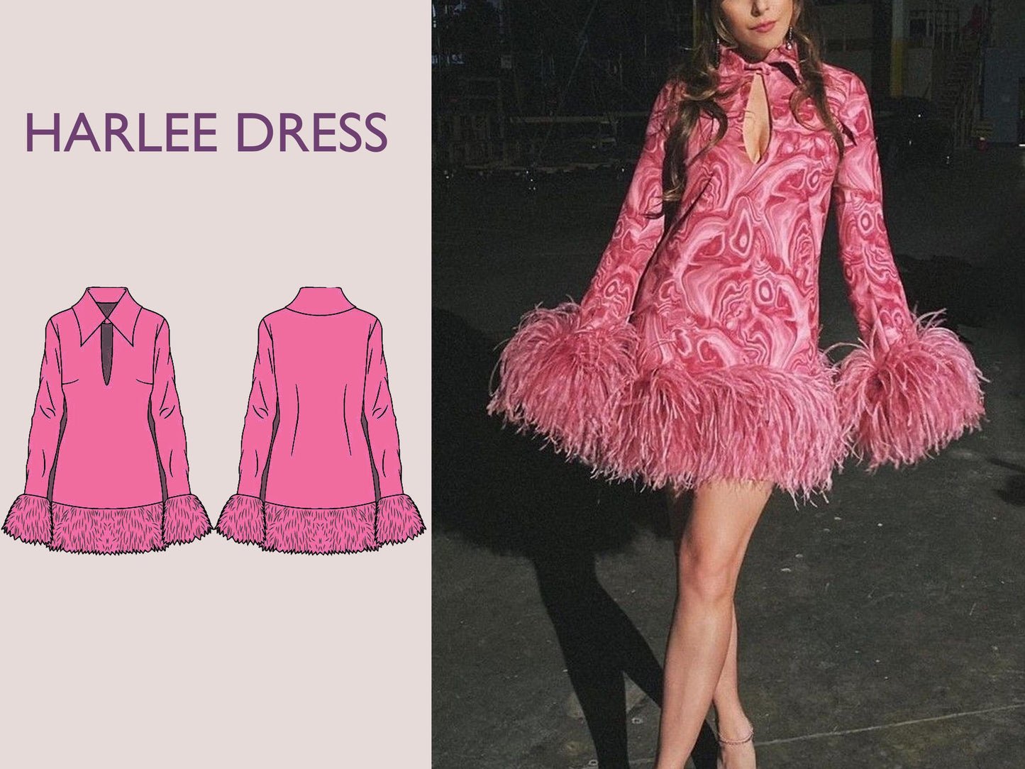 HARLEE dress- Feather dress| collar mini dress | deep v neck| Women summer dress pattern| sewing pattern 90s & 70s classic patron de couture