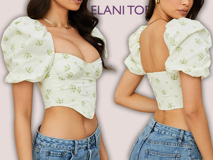ELANI Top - puff sleeve corset | square Back sewing pattern | Women TOP dress pattern|  | bustier Puffed sleeves girl sewing pattern pdf