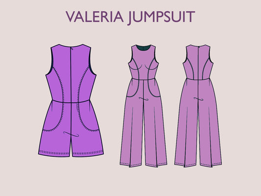 VALERIA Jumpsuit - Summer romper | Round Neckline | Women Long jumpsuit pattern| Sleeveless, short dress| sewing Pattern PD,F broad pant
