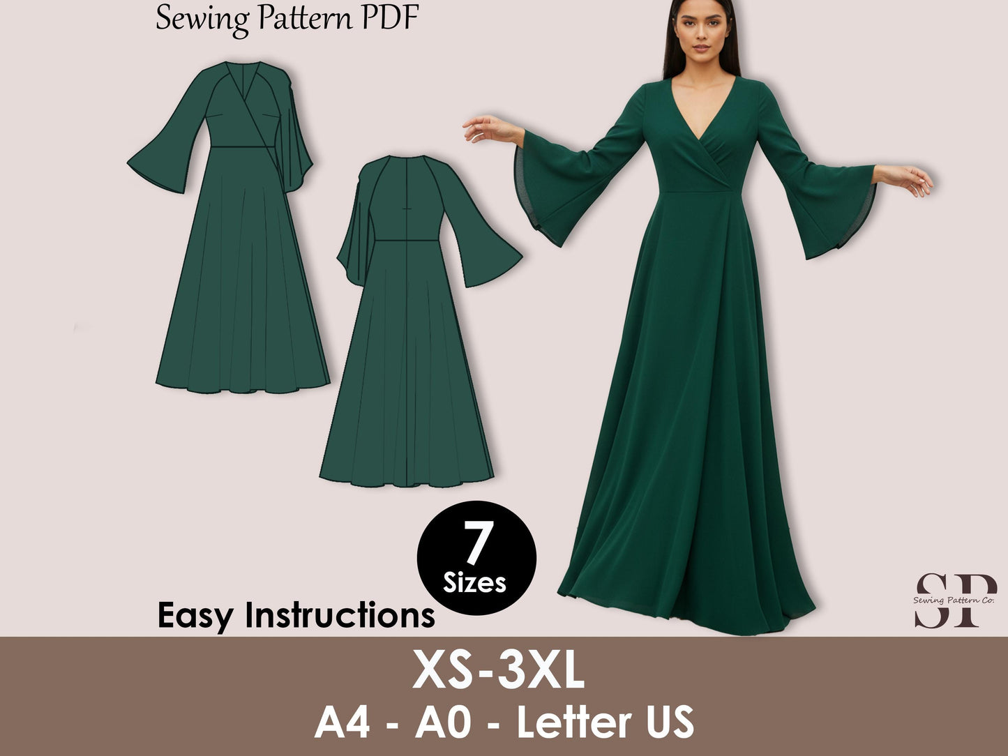 Maxi Wrap Dress Sewing Pattern PDF | Long Bell Sleeve Dress XS-3XL | Elegant Evening Gown Pattern