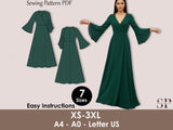 Maxi Wrap Dress Sewing Pattern PDF | Long Bell Sleeve Dress XS-3XL | Elegant Evening Gown Pattern
