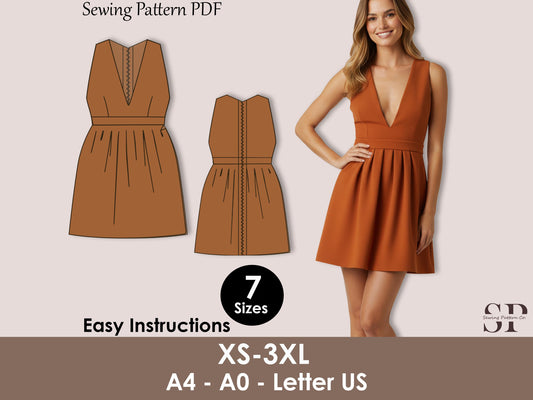 Deep V Neck Dress Sewing Pattern PDF, Mini Wedding Dress XS-3XL, Pleated Skater with Zipper