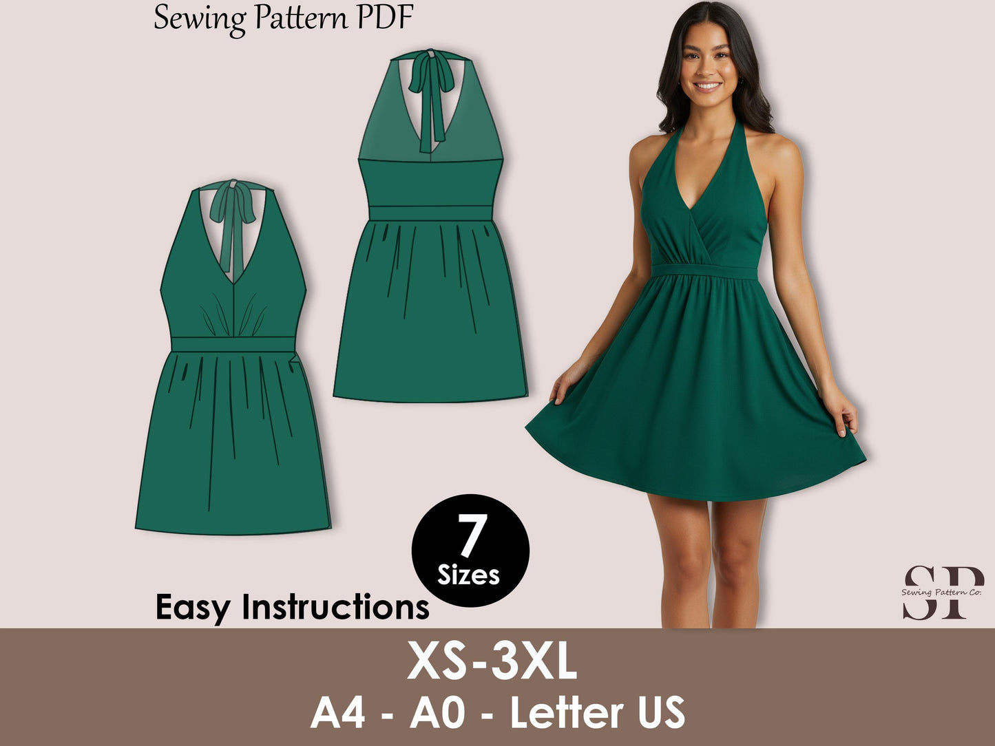 Halter Sundress Sewing Pattern PDF, Open Back Mini Dress, A-Line Summer Dress XS–3XL