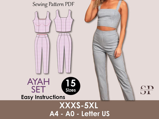 AYAH Set - crop top pattern | fitted pant pattern | Sleeveless, ankle pant| Women summer set sewing Pattern PDF casual outfit, corset dress