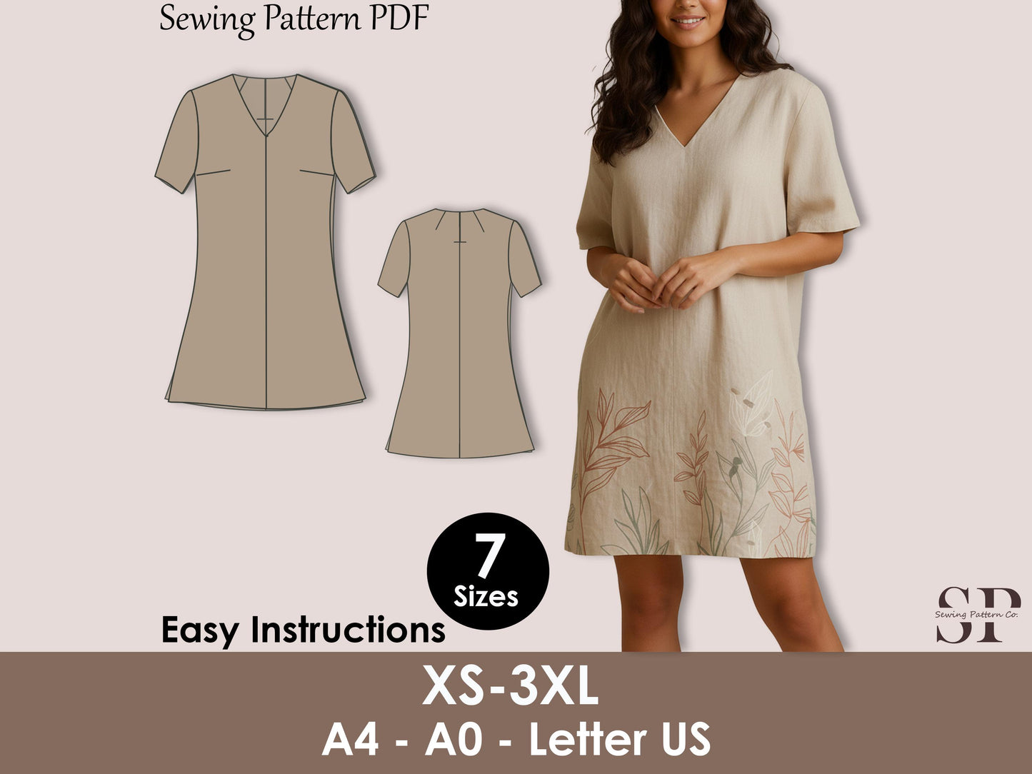 Linen Dress Sewing Pattern PDF – V-Neck Tunic Dress Pattern for Beginners, Loose Fit Summer Dress, Simple Minimalist