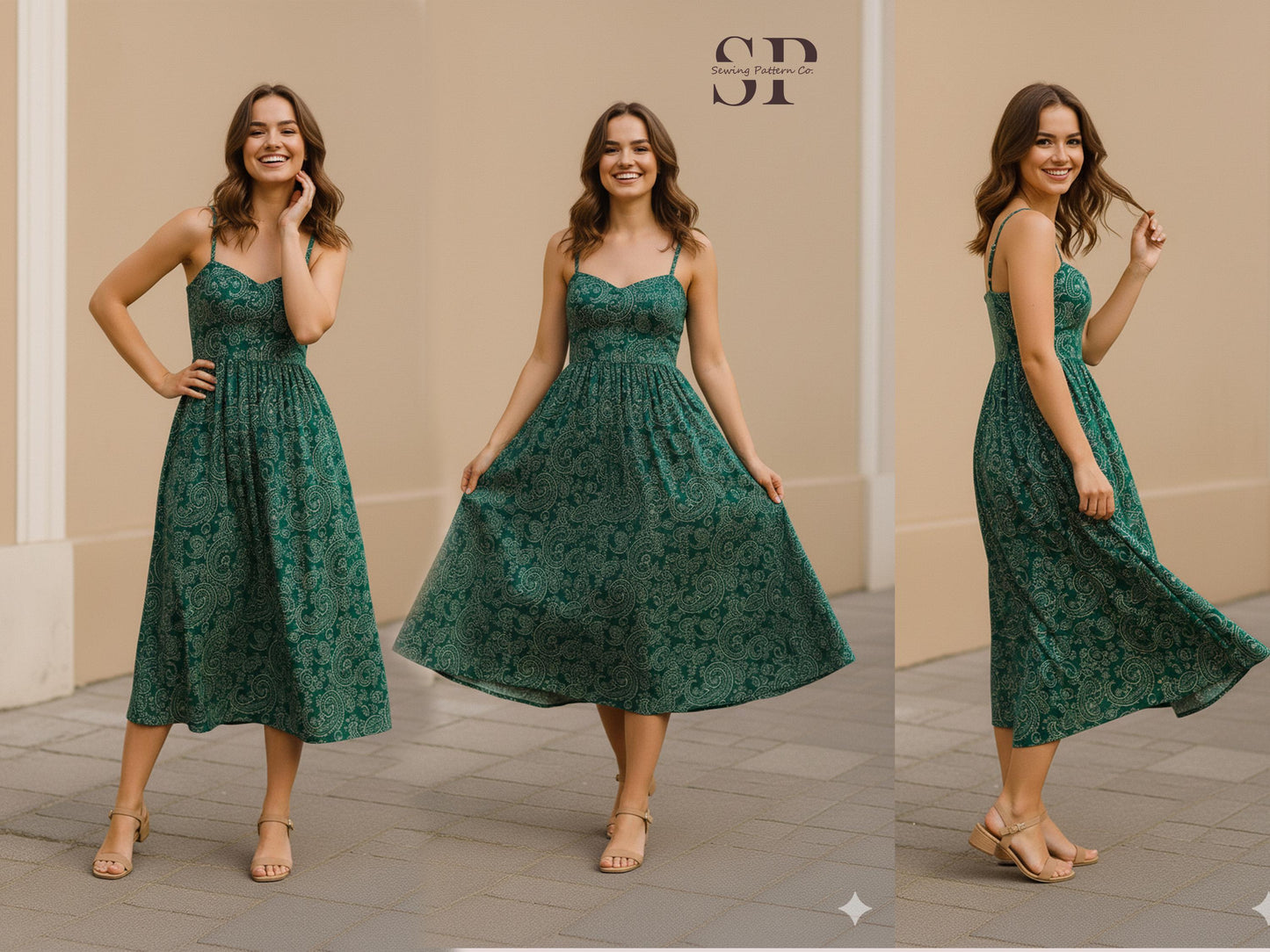 Sweetheart Linen Dress Sewing Pattern PDF – Gathered Midi with Straps, Spaghetti Strap, XS–3XL