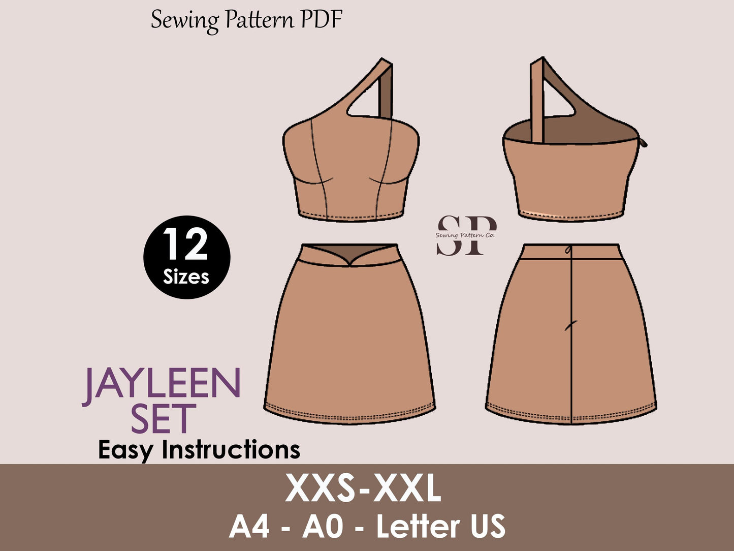 JAYLEEN Set - Skirt and crop top pattern| One shoulder top | Sleeveless, Short skirt| Women summer set sewing Pattern PDF party dress