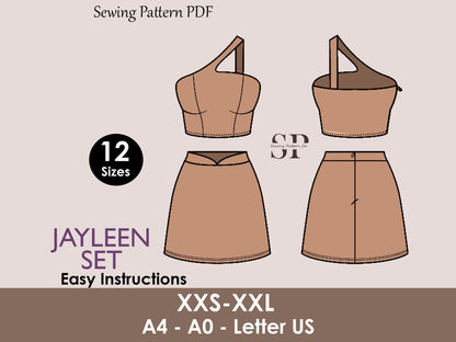 JAYLEEN Set - Skirt and crop top pattern| One shoulder top | Sleeveless, Short skirt| Women summer set sewing Pattern PDF party dress