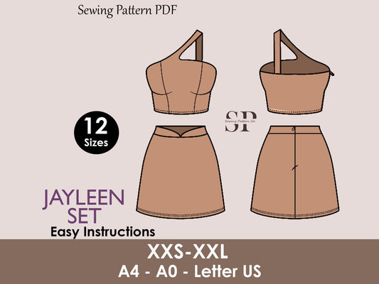 JAYLEEN Set - Skirt and crop top pattern| One shoulder top | Sleeveless, Short skirt| Women summer set sewing Pattern PDF party dress