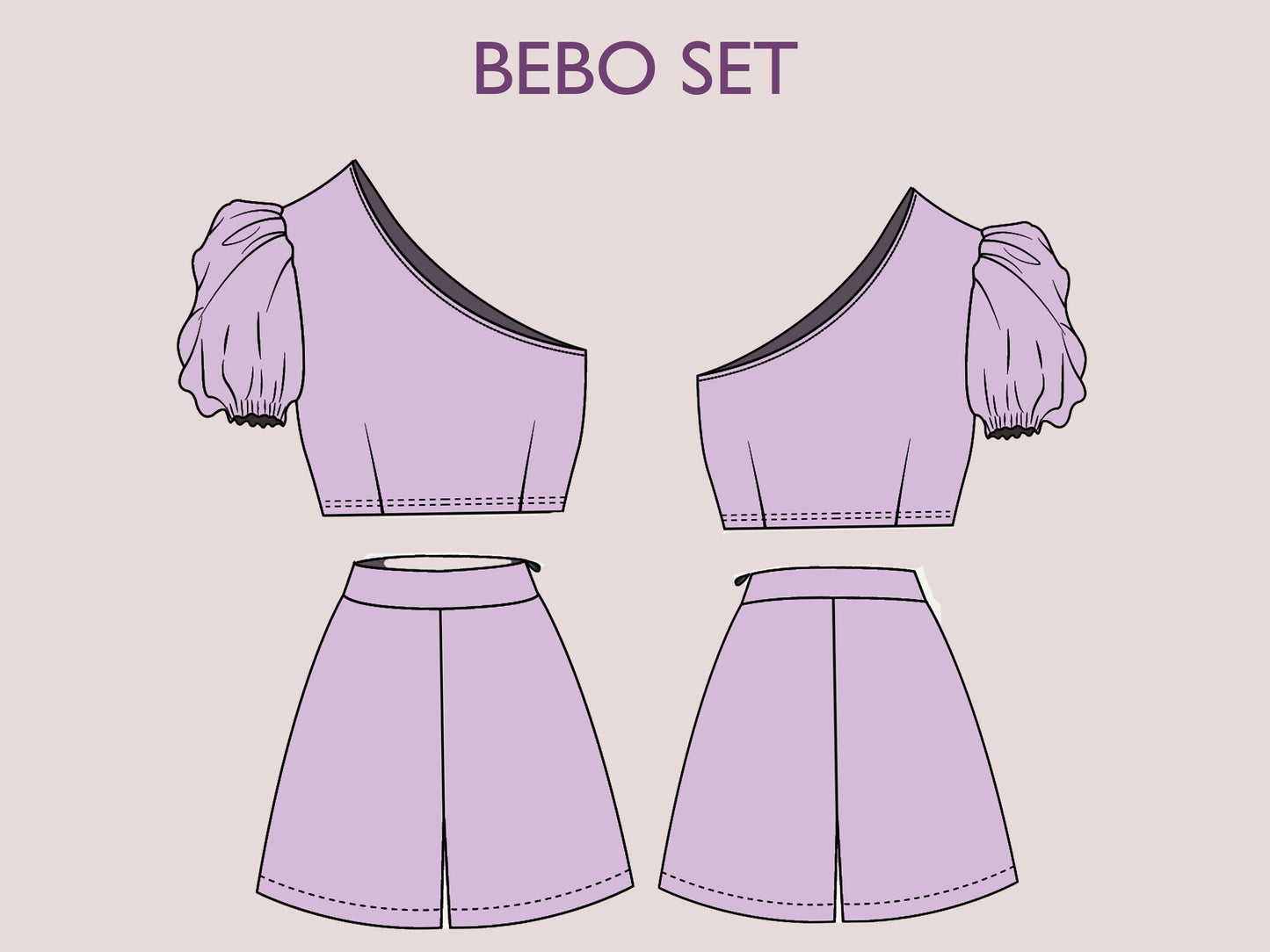 BEBO Set - one shoulder top | high waist short | Women dress pattern| Puffy Sleeve dress, Short dress|   sewing Pattern PDF