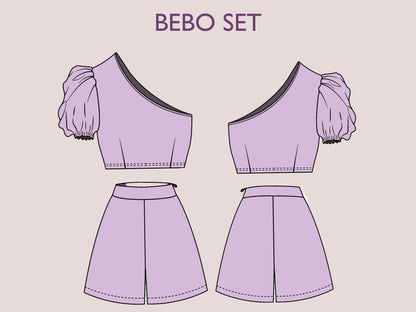 BEBO Set - one shoulder top | high waist short | Women dress pattern| Puffy Sleeve dress, Short dress|   sewing Pattern PDF