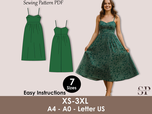 Sweetheart Linen Dress Sewing Pattern PDF – Gathered Midi with Straps, Spaghetti Strap, XS–3XL
