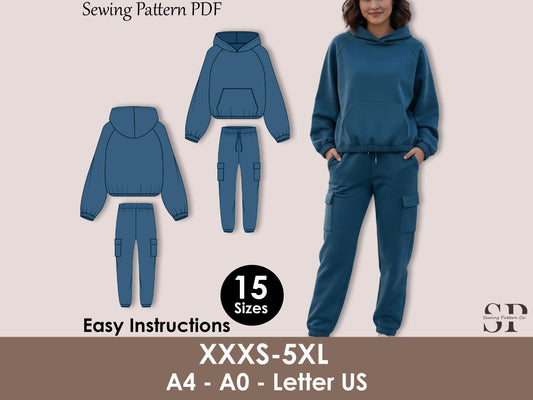 Cozy Hoodie Set Sewing Pattern PDF – Raglan Hoodie & Cargo Sweatpants Pattern – Winter Lounge Set