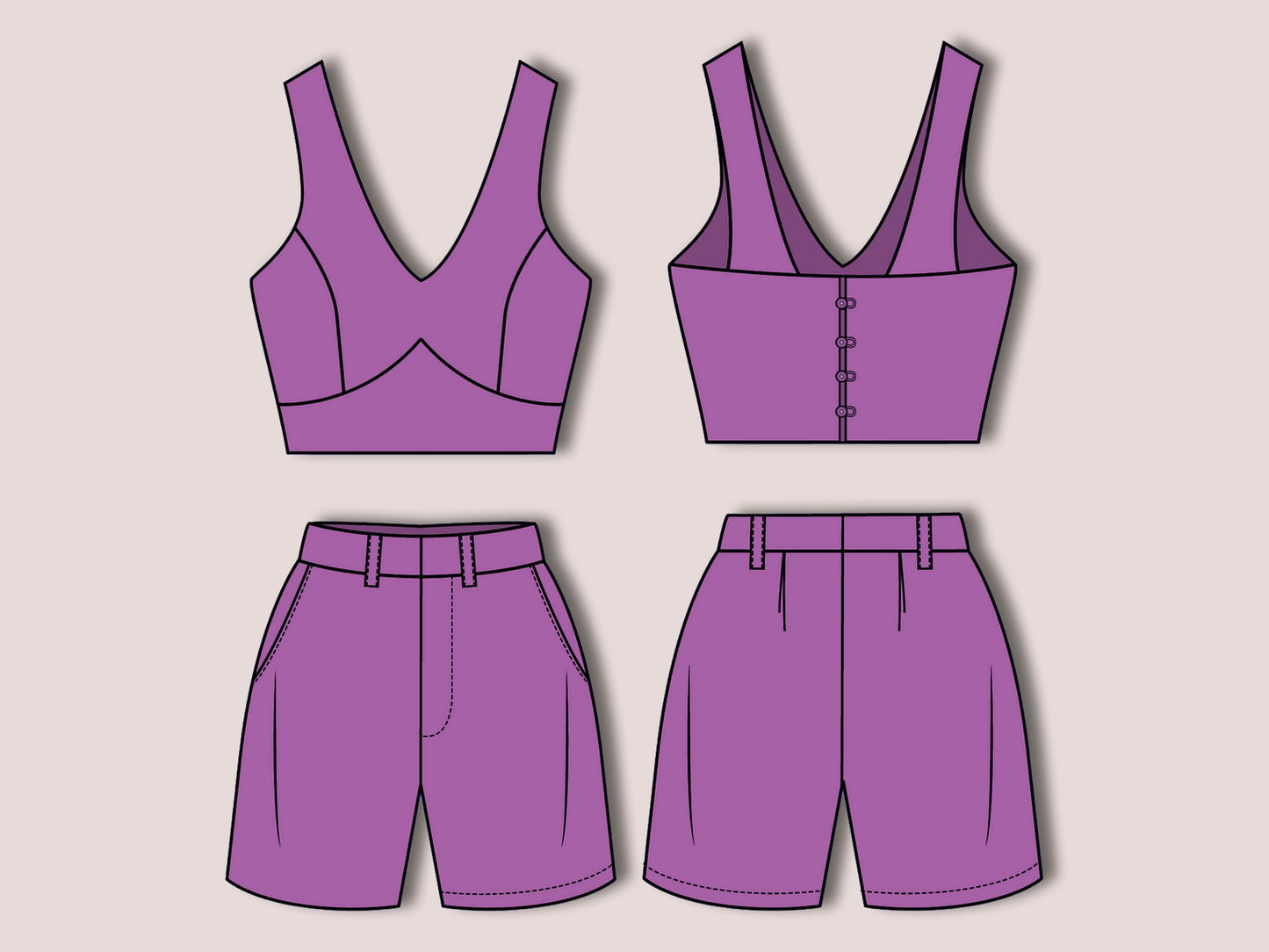 ERIN Set Sewing Pattern PDF, Crop Top & Shorts, Summer Outfit | High-waisted 10 Sizes