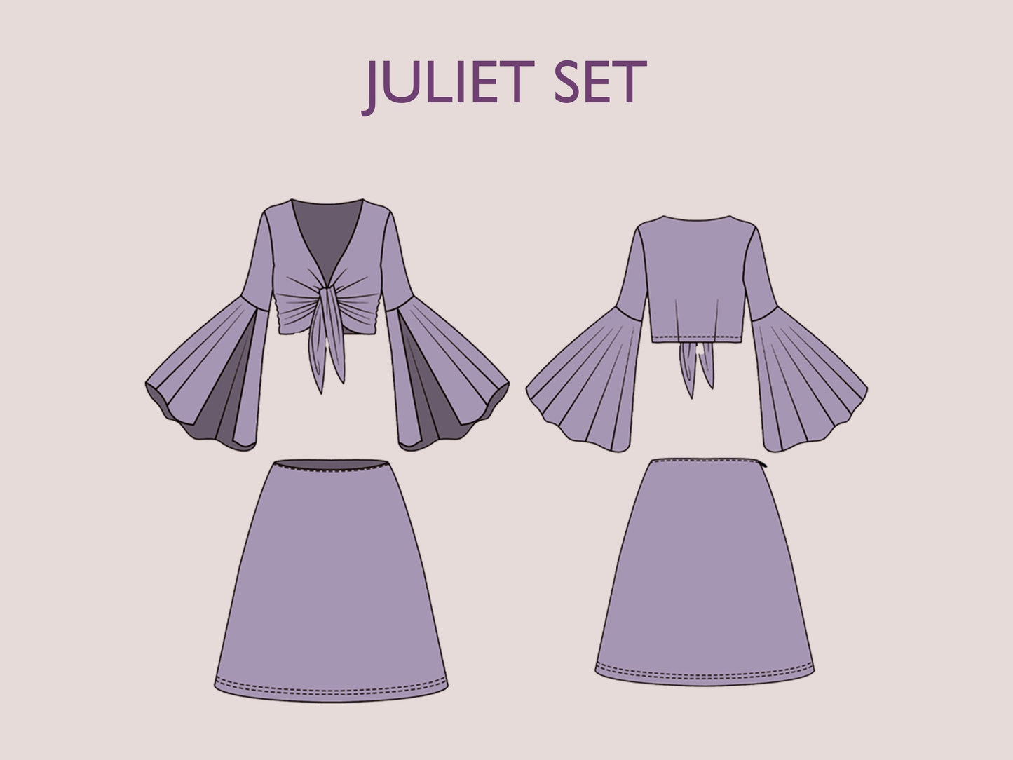 JULIET Set - 1970s Inspired Dress | boho set | Tie-front crop top deep neckline | Bell sleeve top, Short skirt dress| sewing Pattern PDF