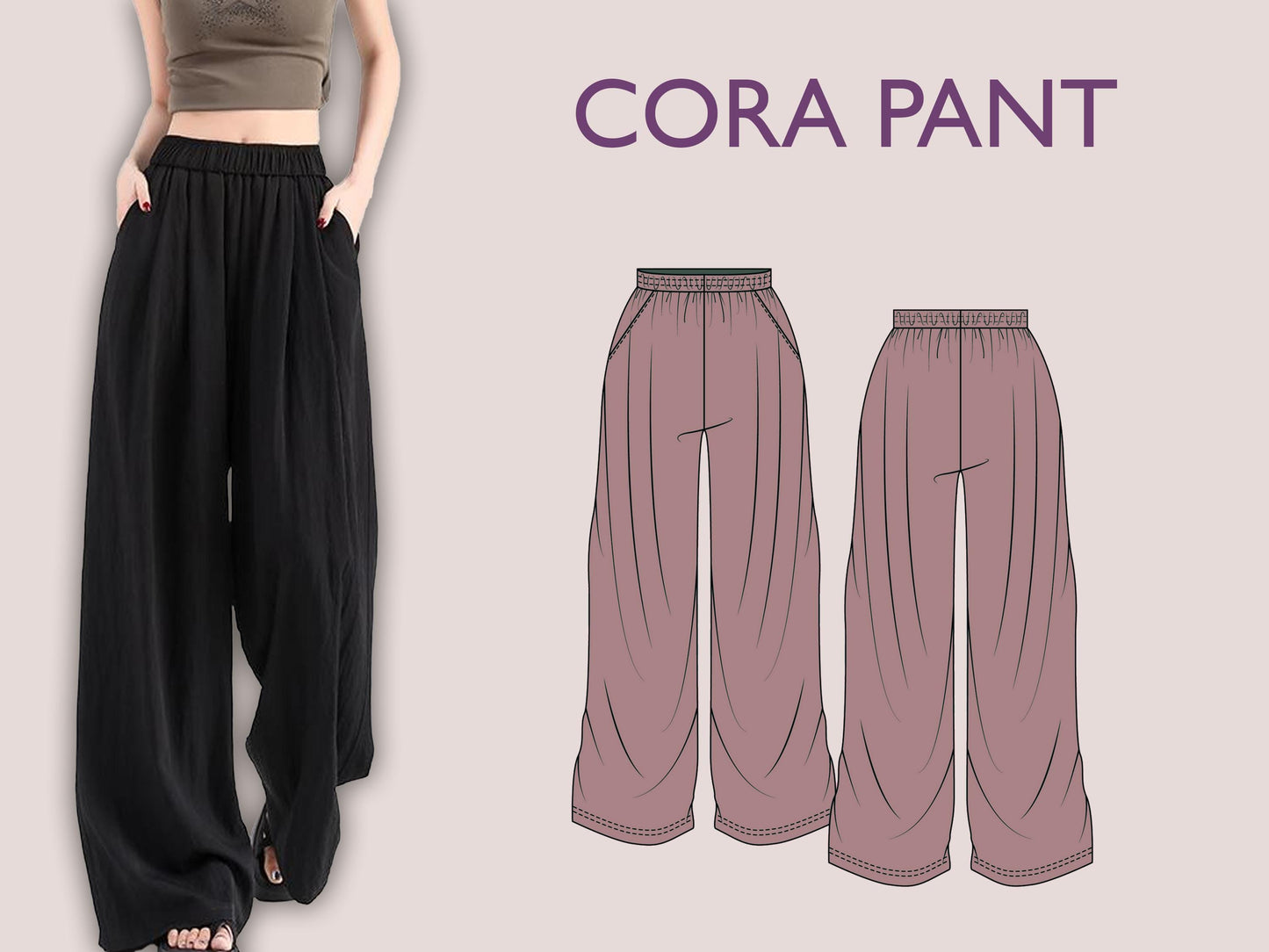 CORA Pant Sewing Pattern | Wide Leg Loose Trousers PDF |Elastic waist| oversized| Super Flairy Comfy| Women sewing pattern | Digital Pants